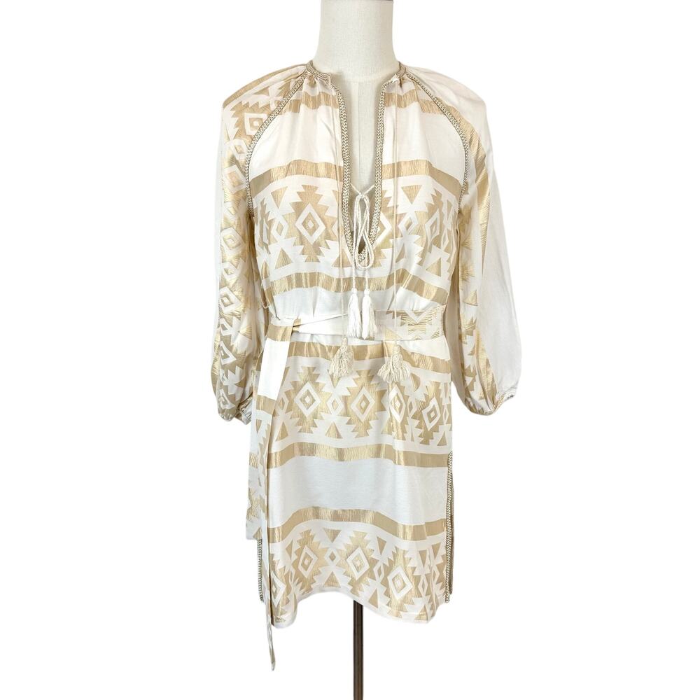 Kasia Cream and Gold Patterned Mini Dress Coverup Tunic S Resort Wear Greece